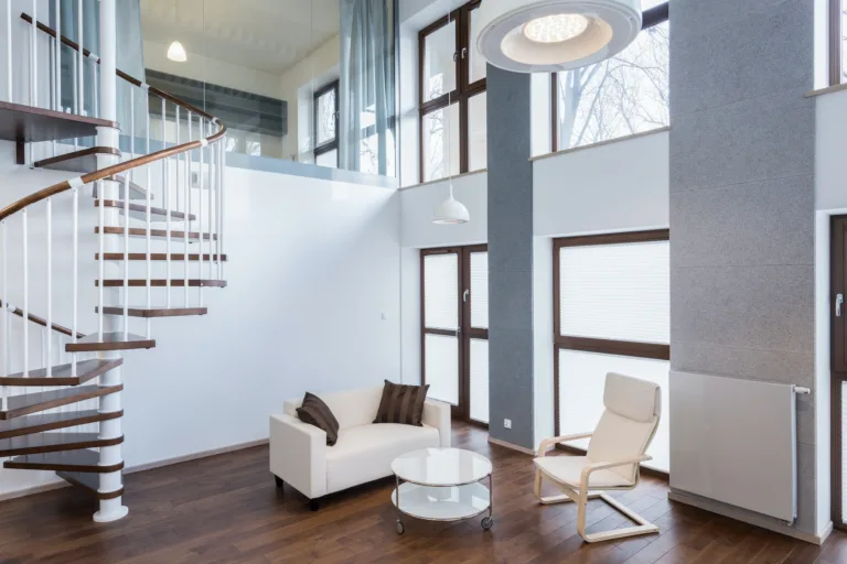 Stairs in living room in contemporary mansion